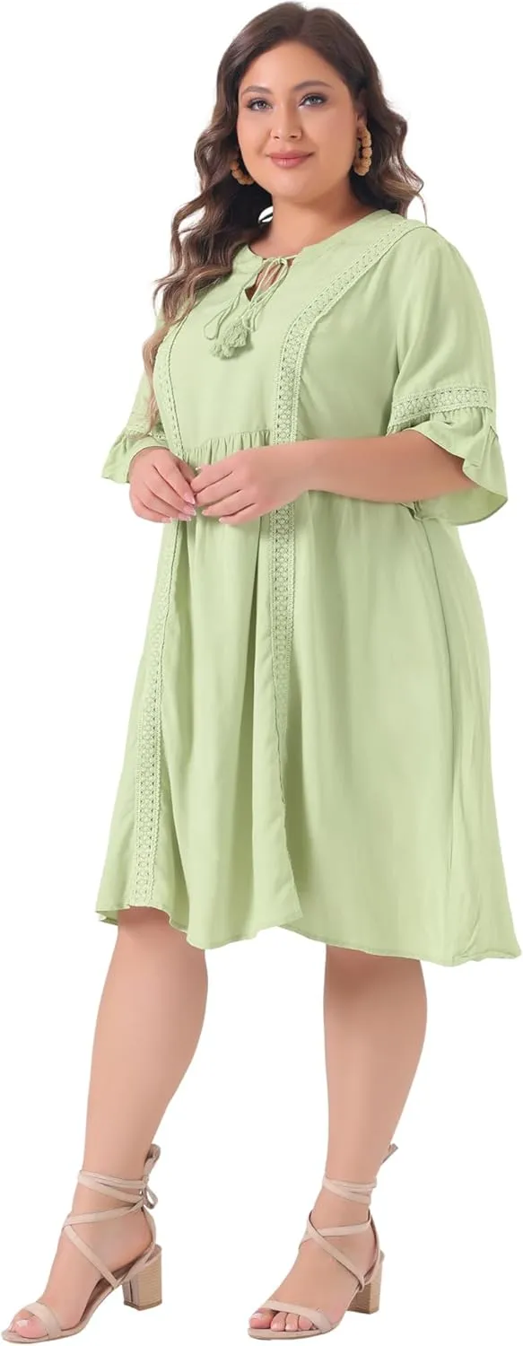 Agnes Orinda Boho Dress for Women Plus Size Ruffle Short Sleeve Lace Insert V Neck Tassel Bohemian Mini Dresses