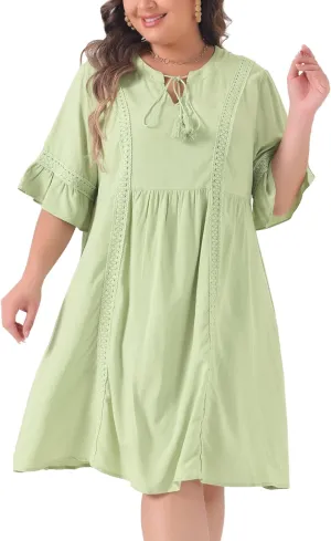 Agnes Orinda Boho Dress for Women Plus Size Ruffle Short Sleeve Lace Insert V Neck Tassel Bohemian Mini Dresses