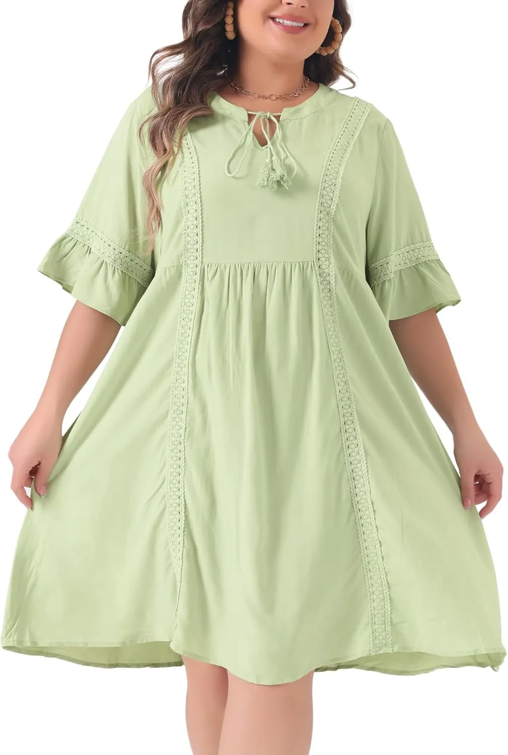 Agnes Orinda Boho Dress for Women Plus Size Ruffle Short Sleeve Lace Insert V Neck Tassel Bohemian Mini Dresses