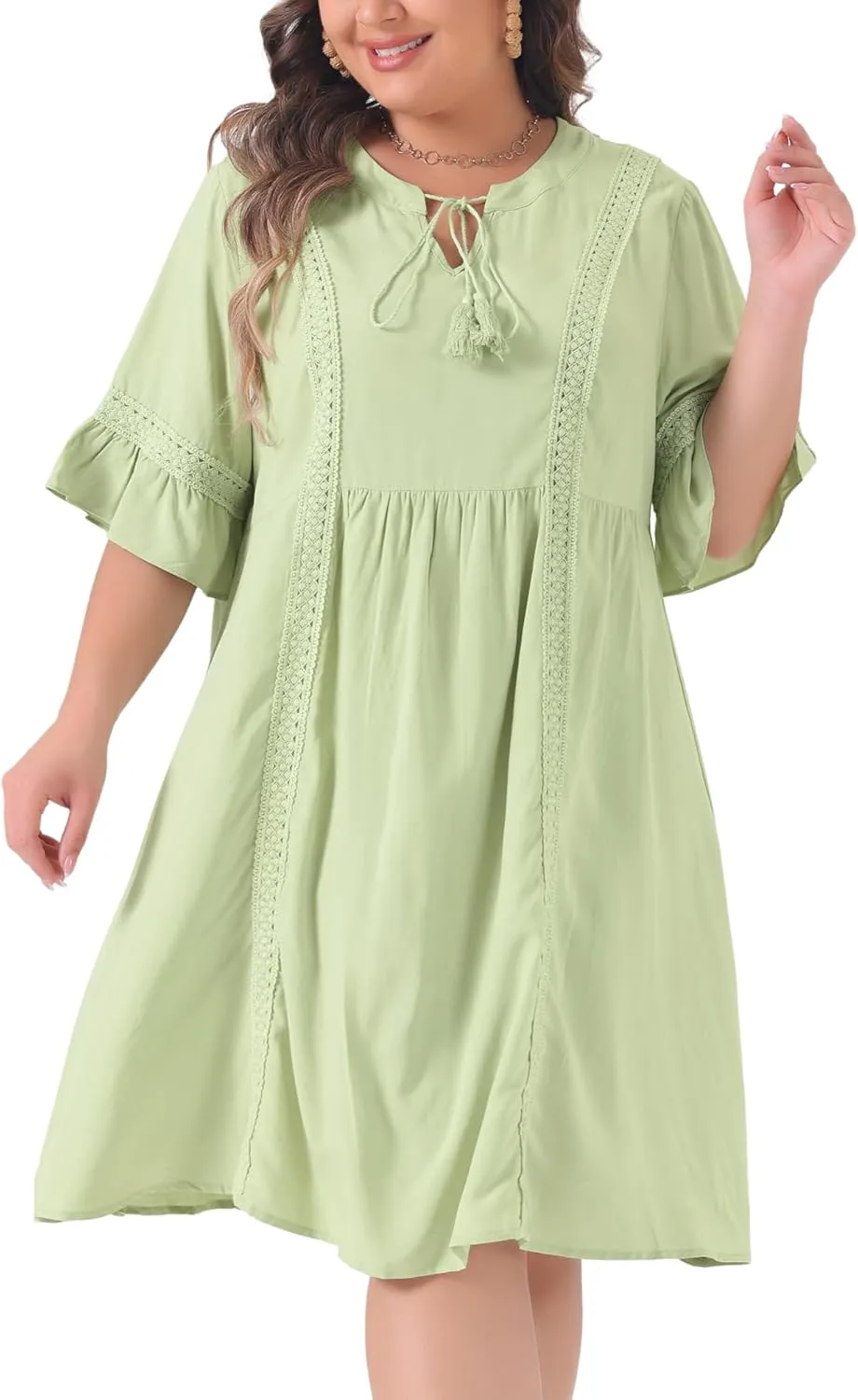 Agnes Orinda Boho Dress for Women Plus Size Ruffle Short Sleeve Lace Insert V Neck Tassel Bohemian Mini Dresses
