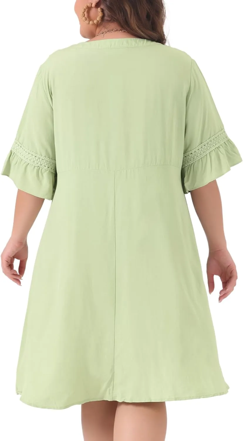 Agnes Orinda Boho Dress for Women Plus Size Ruffle Short Sleeve Lace Insert V Neck Tassel Bohemian Mini Dresses