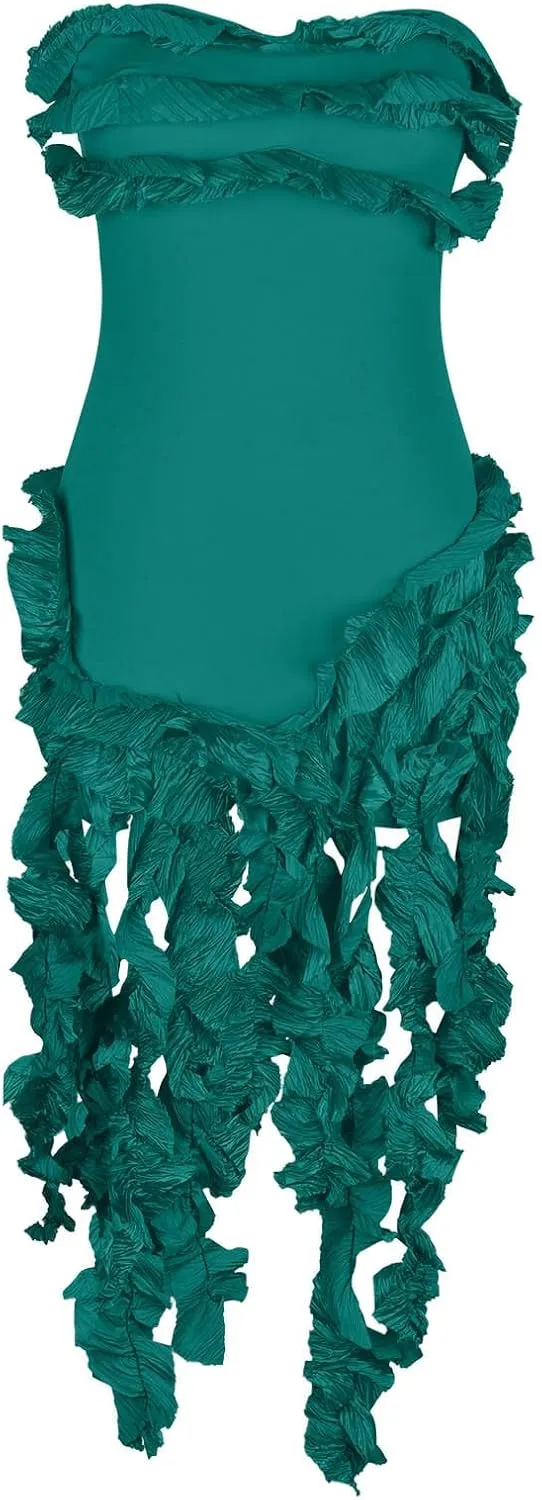 Akklian Womens Summer Ruffle Fringe Mini Dress Sexy Backless Irregular Ruffle Cocktail Dress Bodycon Tassel Party Dresses