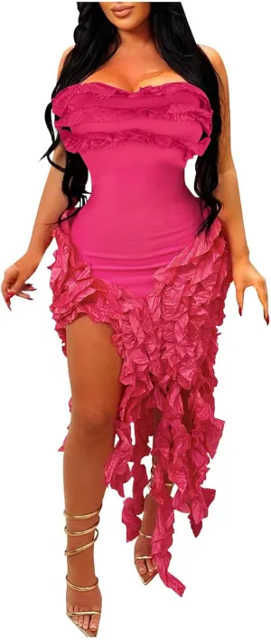 Akklian Womens Summer Ruffle Fringe Mini Dress Sexy Backless Irregular Ruffle Cocktail Dress Bodycon Tassel Party Dresses