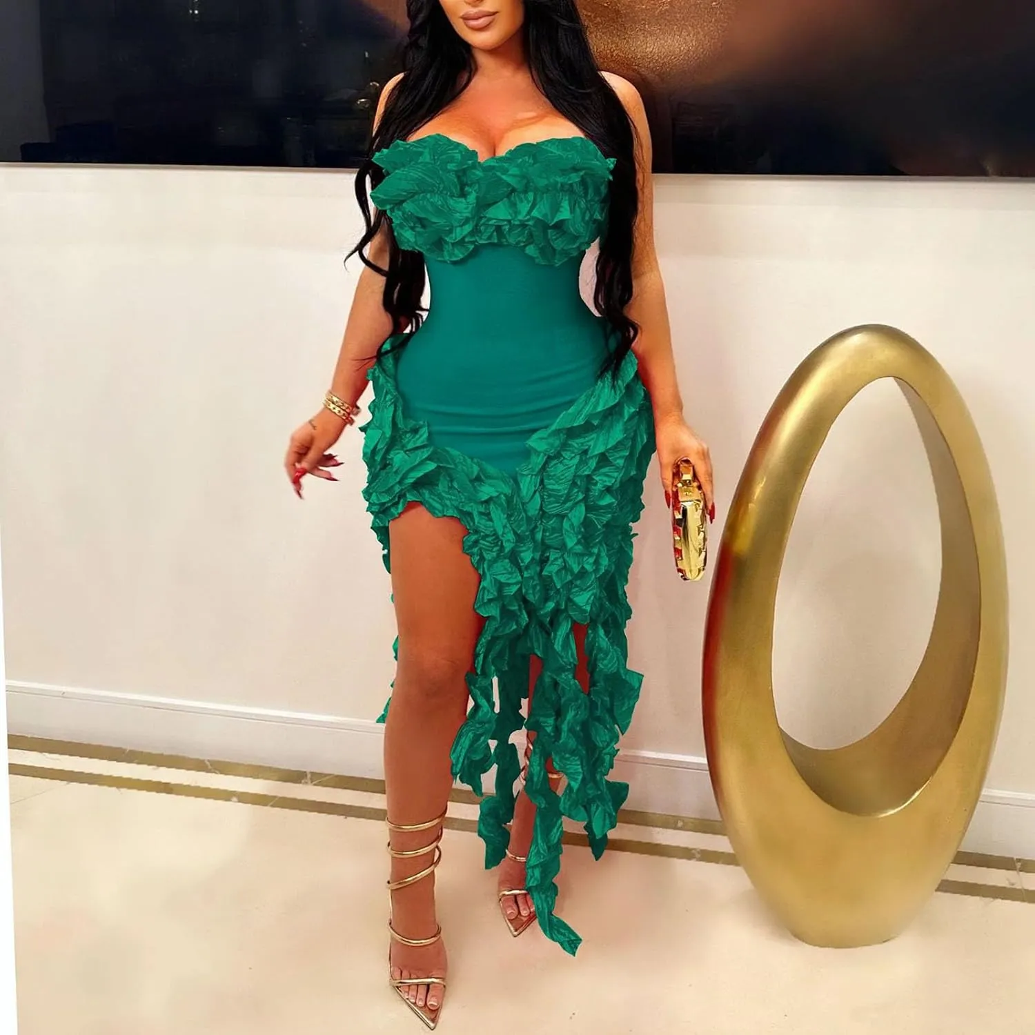 Akklian Womens Summer Ruffle Fringe Mini Dress Sexy Backless Irregular Ruffle Cocktail Dress Bodycon Tassel Party Dresses