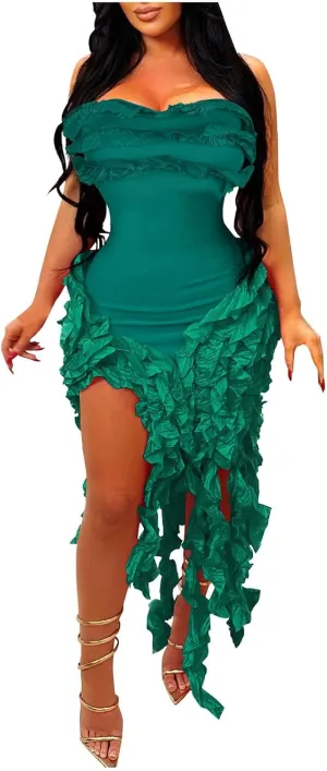 Akklian Womens Summer Ruffle Fringe Mini Dress Sexy Backless Irregular Ruffle Cocktail Dress Bodycon Tassel Party Dresses