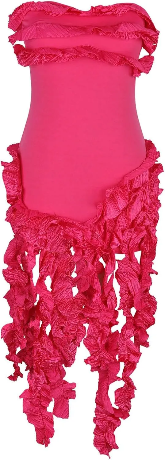 Akklian Womens Summer Ruffle Fringe Mini Dress Sexy Backless Irregular Ruffle Cocktail Dress Bodycon Tassel Party Dresses