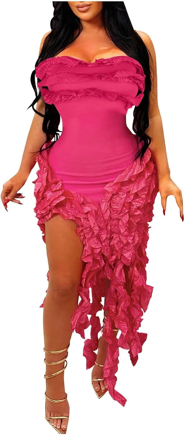 Akklian Womens Summer Ruffle Fringe Mini Dress Sexy Backless Irregular Ruffle Cocktail Dress Bodycon Tassel Party Dresses