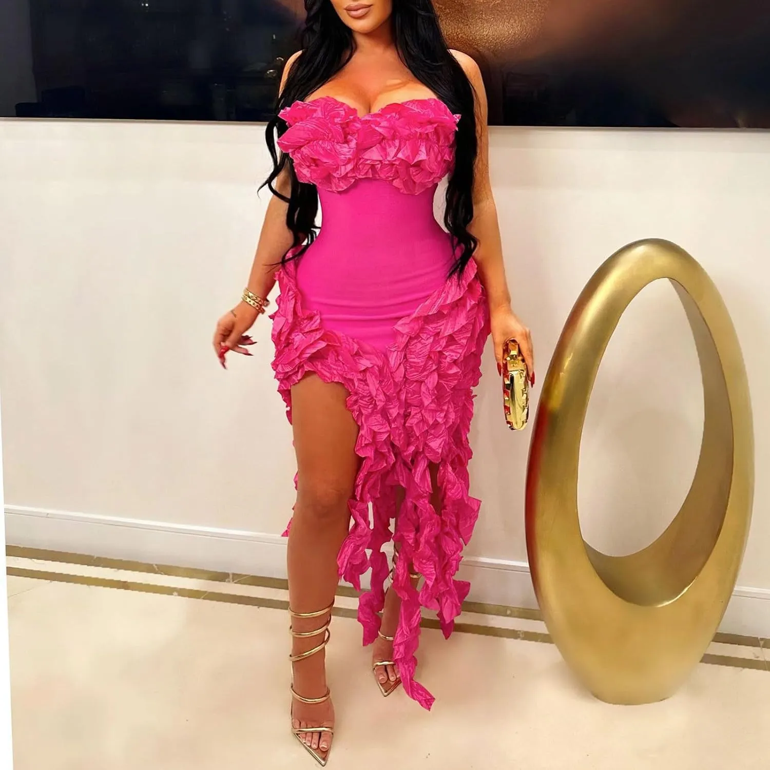 Akklian Womens Summer Ruffle Fringe Mini Dress Sexy Backless Irregular Ruffle Cocktail Dress Bodycon Tassel Party Dresses