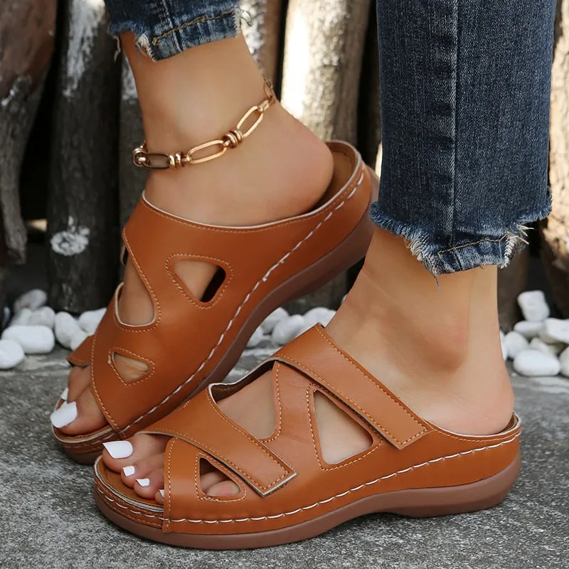 Amozae Retro Hollow Out Wedge Sandals Women Summer 2024Non Slip Platform Outdoor Slippers Woman PU Leather Beach Flip Flops Plus Size
