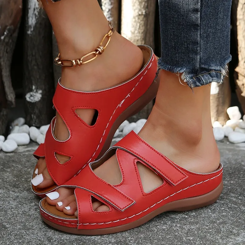 Amozae Retro Hollow Out Wedge Sandals Women Summer 2024Non Slip Platform Outdoor Slippers Woman PU Leather Beach Flip Flops Plus Size