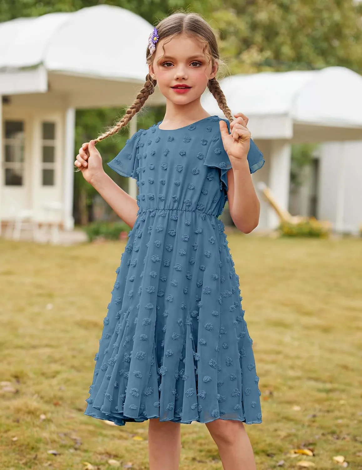 Arshiner Girls Girly Dress Swiss Dot Ruffle Short Sleeve Twirly Cute Dresses for 5-12 Years Old