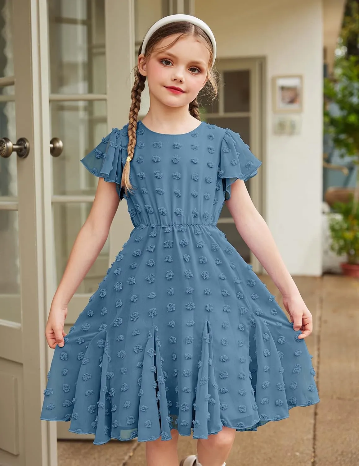 Arshiner Girls Girly Dress Swiss Dot Ruffle Short Sleeve Twirly Cute Dresses for 5-12 Years Old