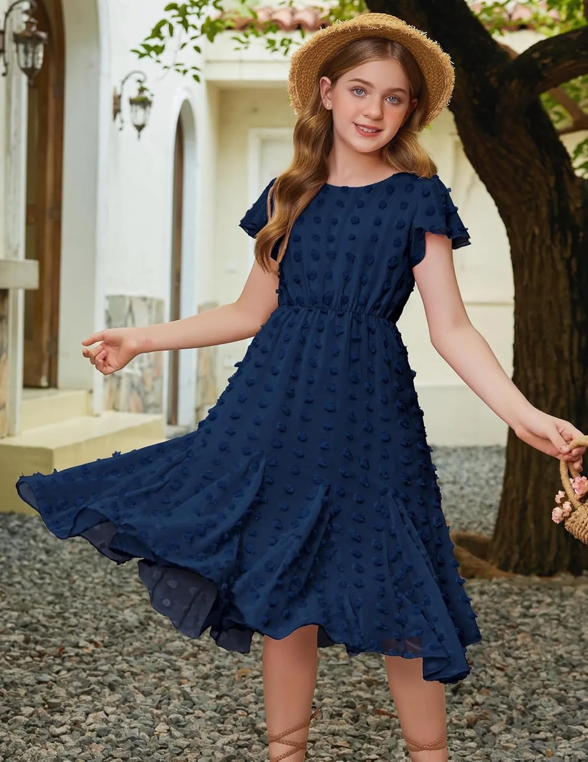 Arshiner Girls Girly Dress Swiss Dot Ruffle Short Sleeve Twirly Cute Dresses for 5-12 Years Old
