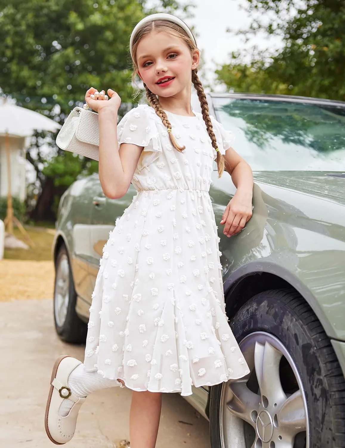 Arshiner Girls Girly Dress Swiss Dot Ruffle Short Sleeve Twirly Cute Dresses for 5-12 Years Old