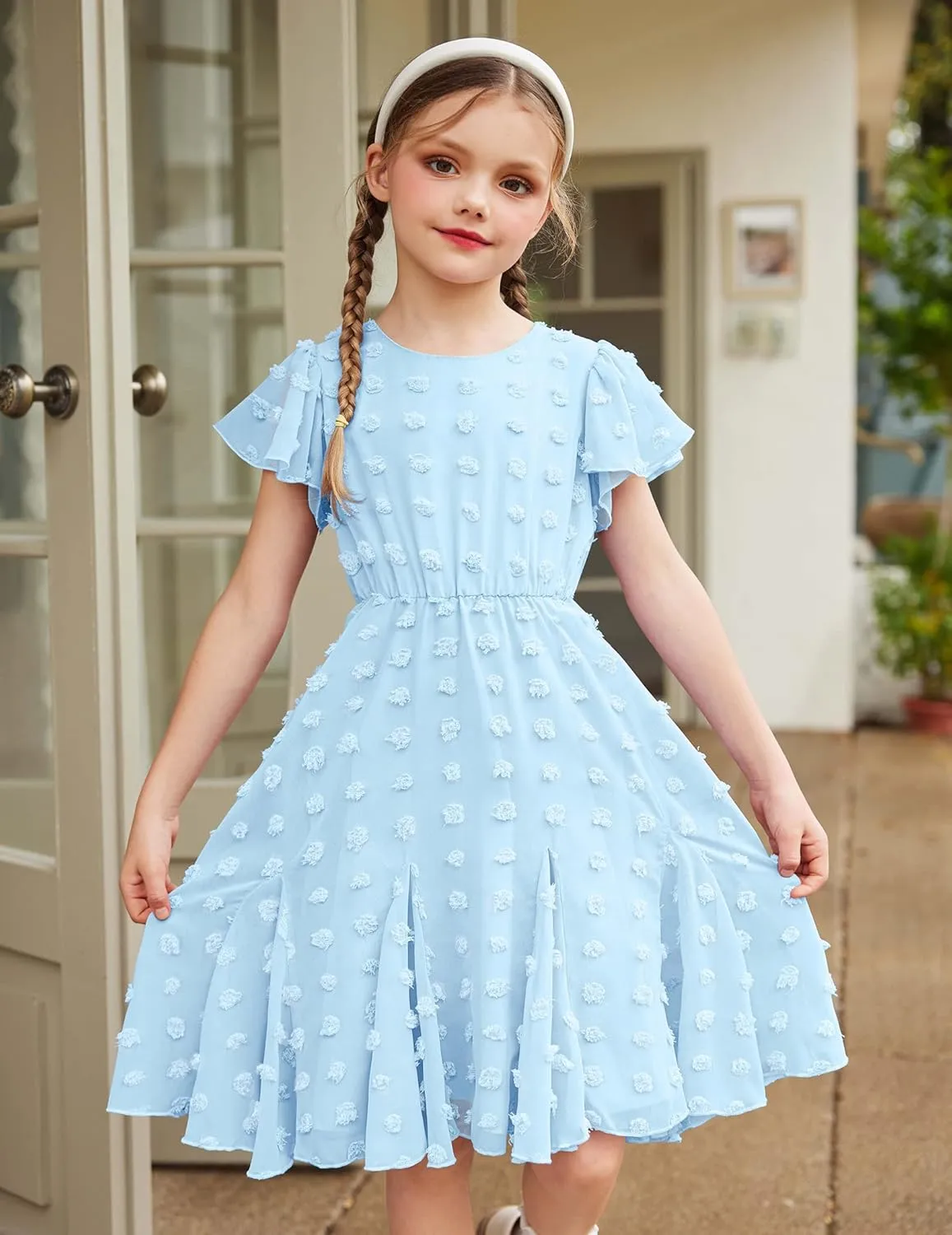 Arshiner Girls Girly Dress Swiss Dot Ruffle Short Sleeve Twirly Cute Dresses for 5-12 Years Old