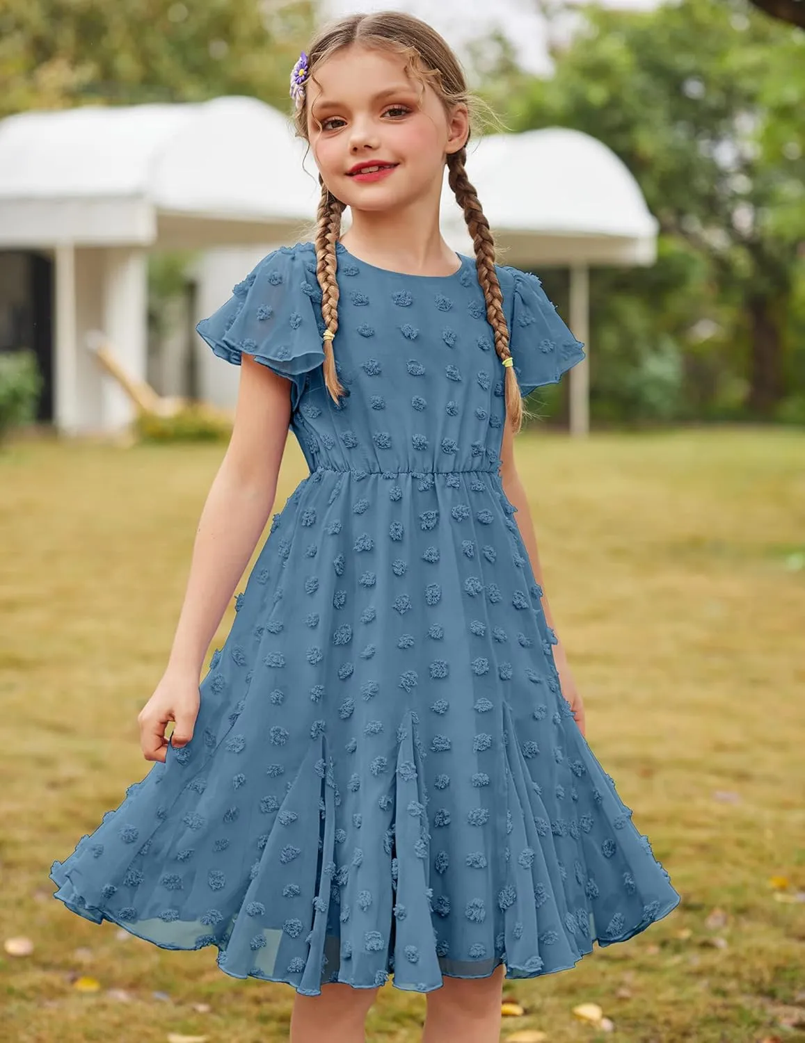 Arshiner Girls Girly Dress Swiss Dot Ruffle Short Sleeve Twirly Cute Dresses for 5-12 Years Old