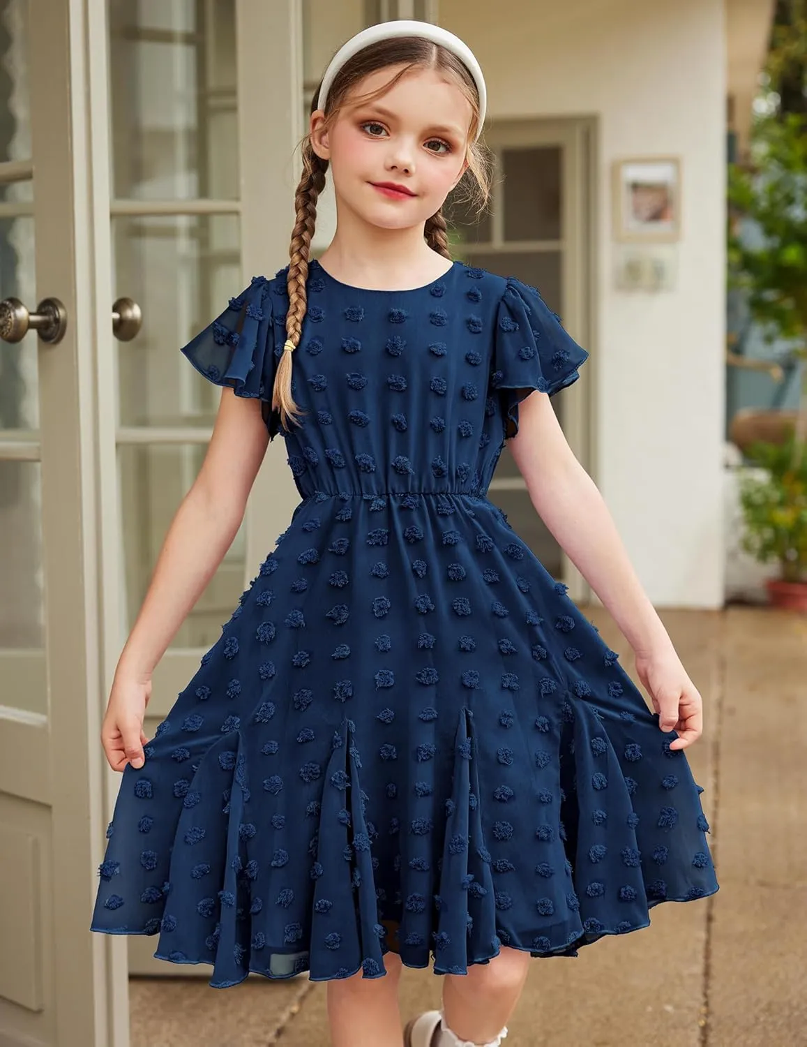 Arshiner Girls Girly Dress Swiss Dot Ruffle Short Sleeve Twirly Cute Dresses for 5-12 Years Old