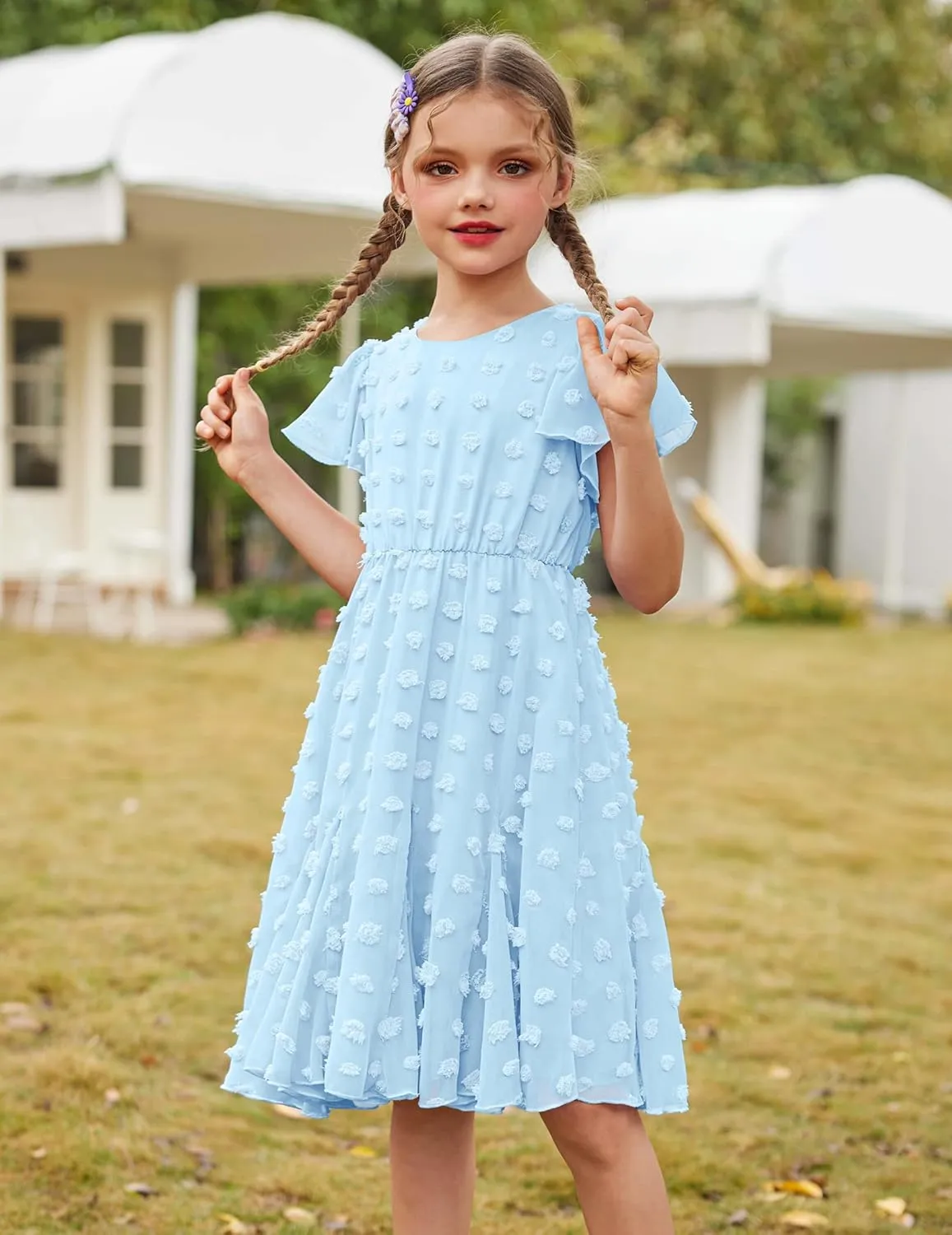 Arshiner Girls Girly Dress Swiss Dot Ruffle Short Sleeve Twirly Cute Dresses for 5-12 Years Old