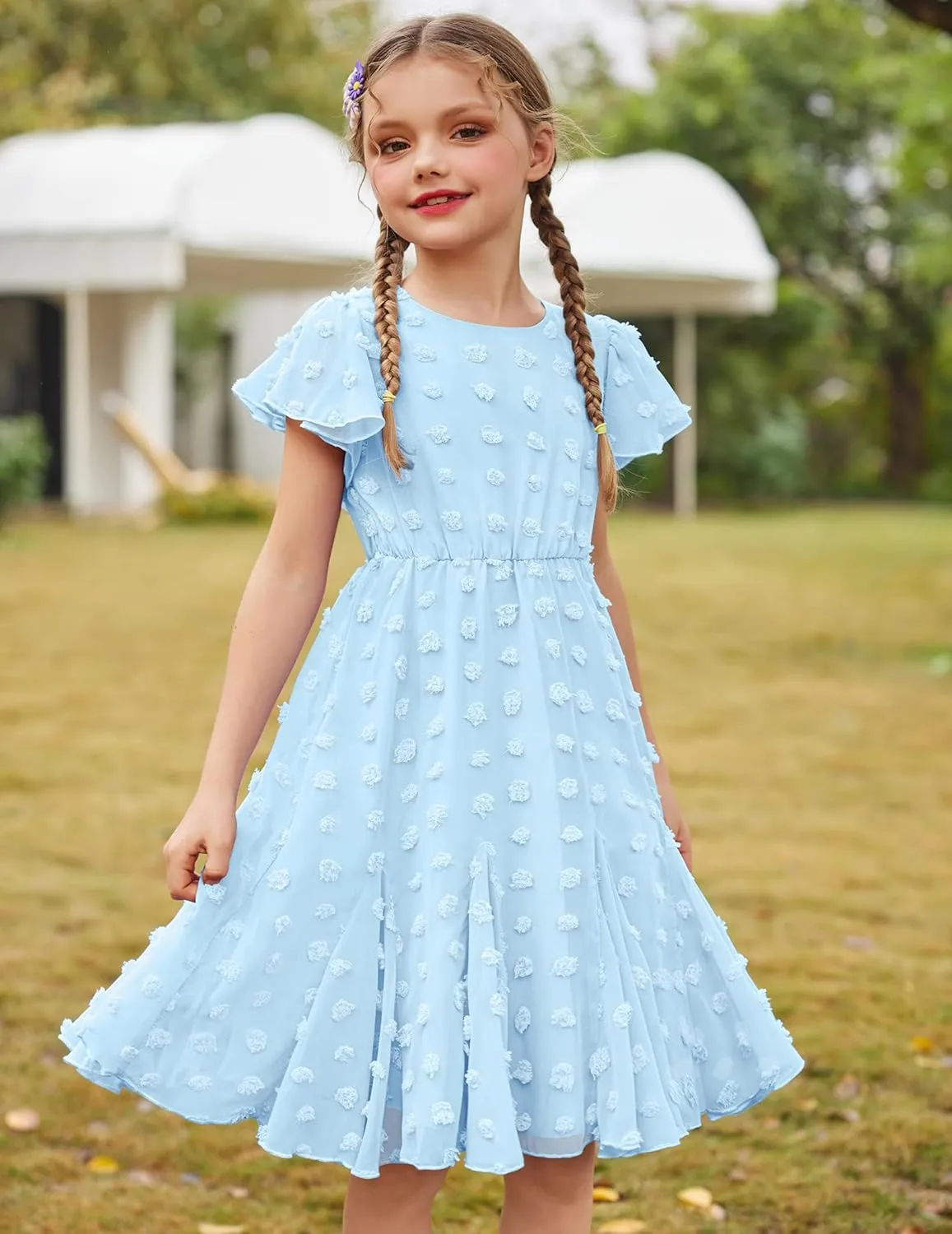 Arshiner Girls Girly Dress Swiss Dot Ruffle Short Sleeve Twirly Cute Dresses for 5-12 Years Old
