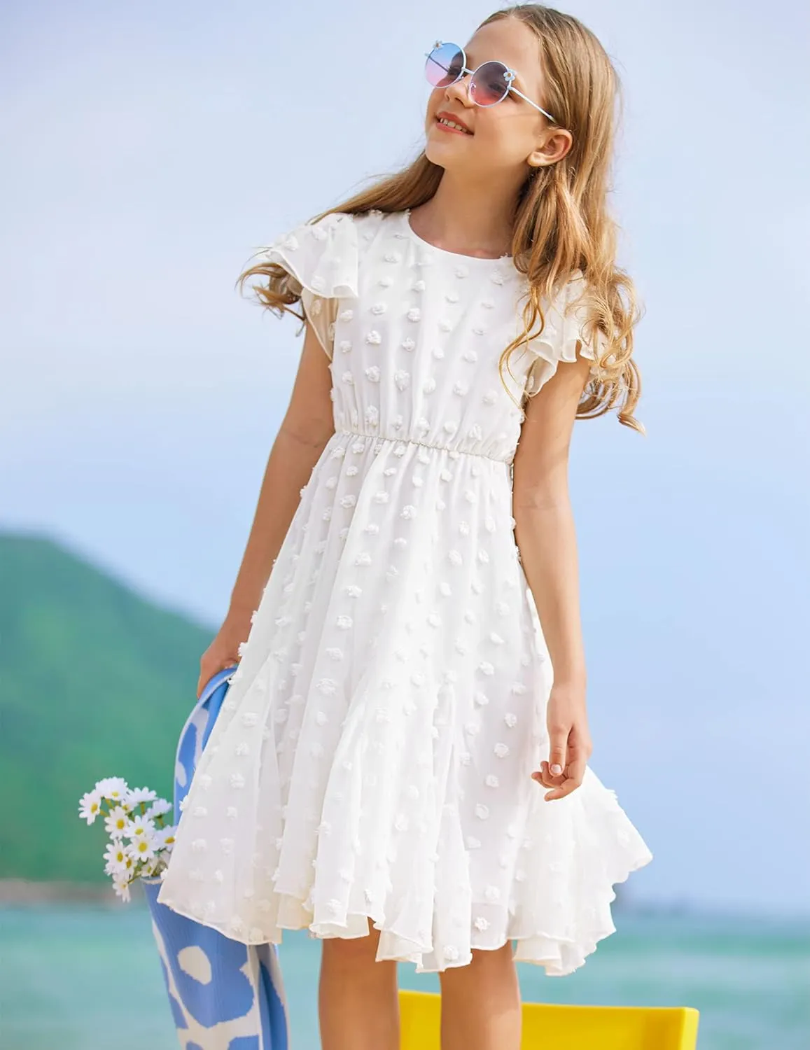 Arshiner Girls Girly Dress Swiss Dot Ruffle Short Sleeve Twirly Cute Dresses for 5-12 Years Old