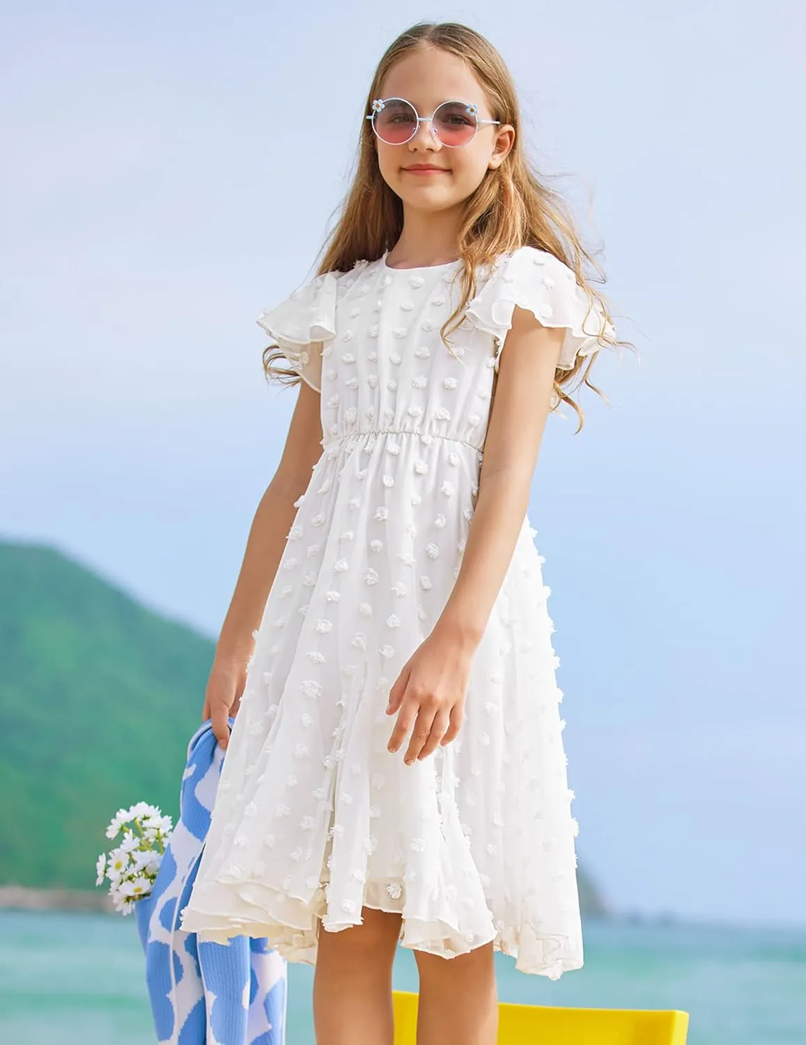 Arshiner Girls Girly Dress Swiss Dot Ruffle Short Sleeve Twirly Cute Dresses for 5-12 Years Old