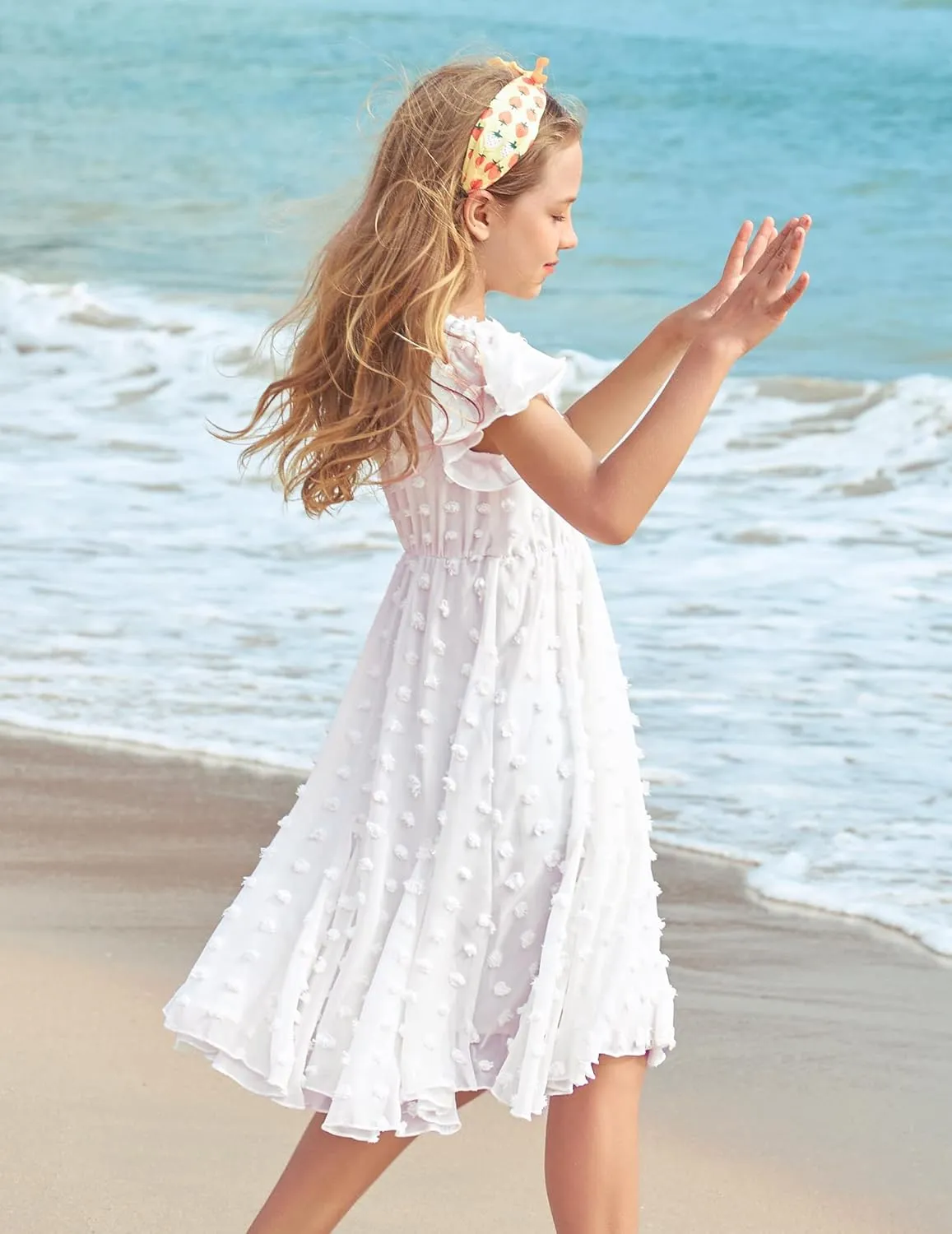 Arshiner Girls Girly Dress Swiss Dot Ruffle Short Sleeve Twirly Cute Dresses for 5-12 Years Old