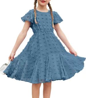Arshiner Girls Girly Dress Swiss Dot Ruffle Short Sleeve Twirly Cute Dresses for 5-12 Years Old