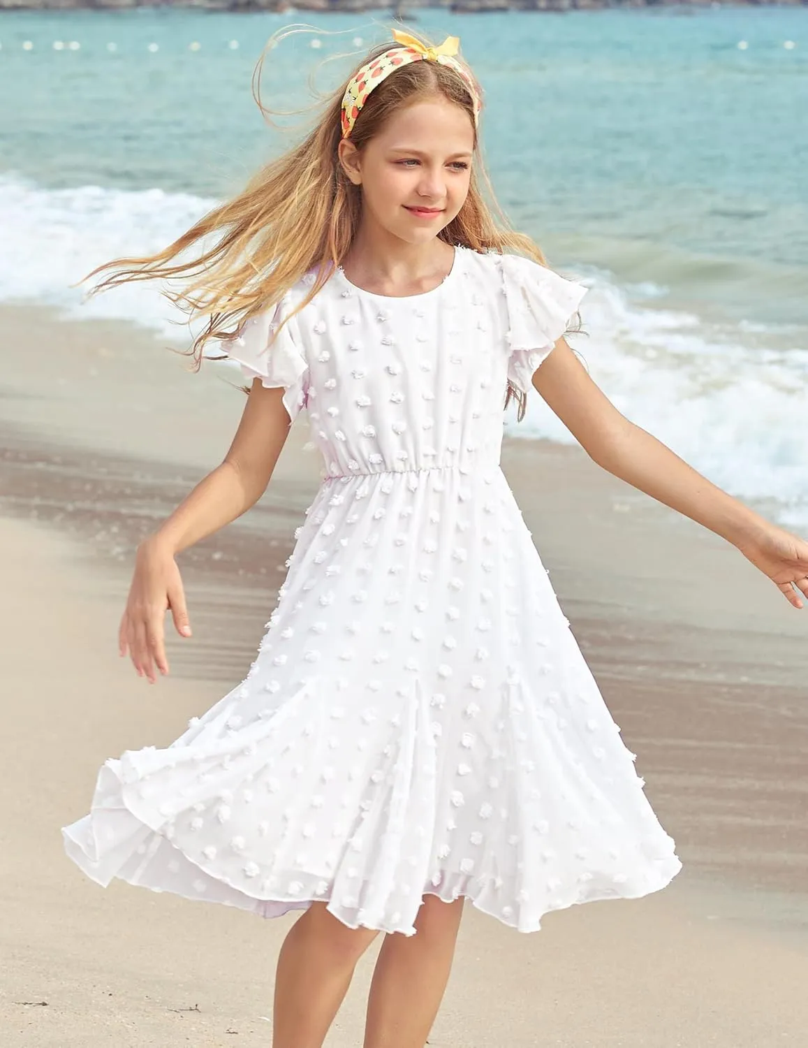 Arshiner Girls Girly Dress Swiss Dot Ruffle Short Sleeve Twirly Cute Dresses for 5-12 Years Old