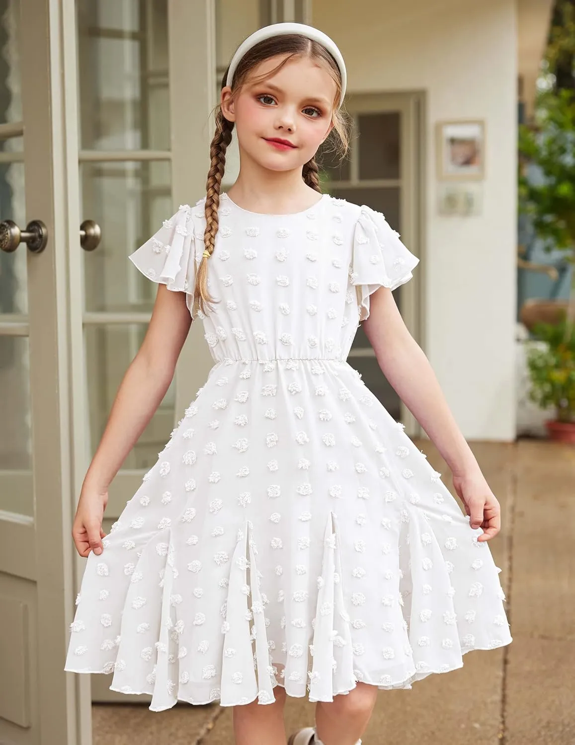 Arshiner Girls Girly Dress Swiss Dot Ruffle Short Sleeve Twirly Cute Dresses for 5-12 Years Old