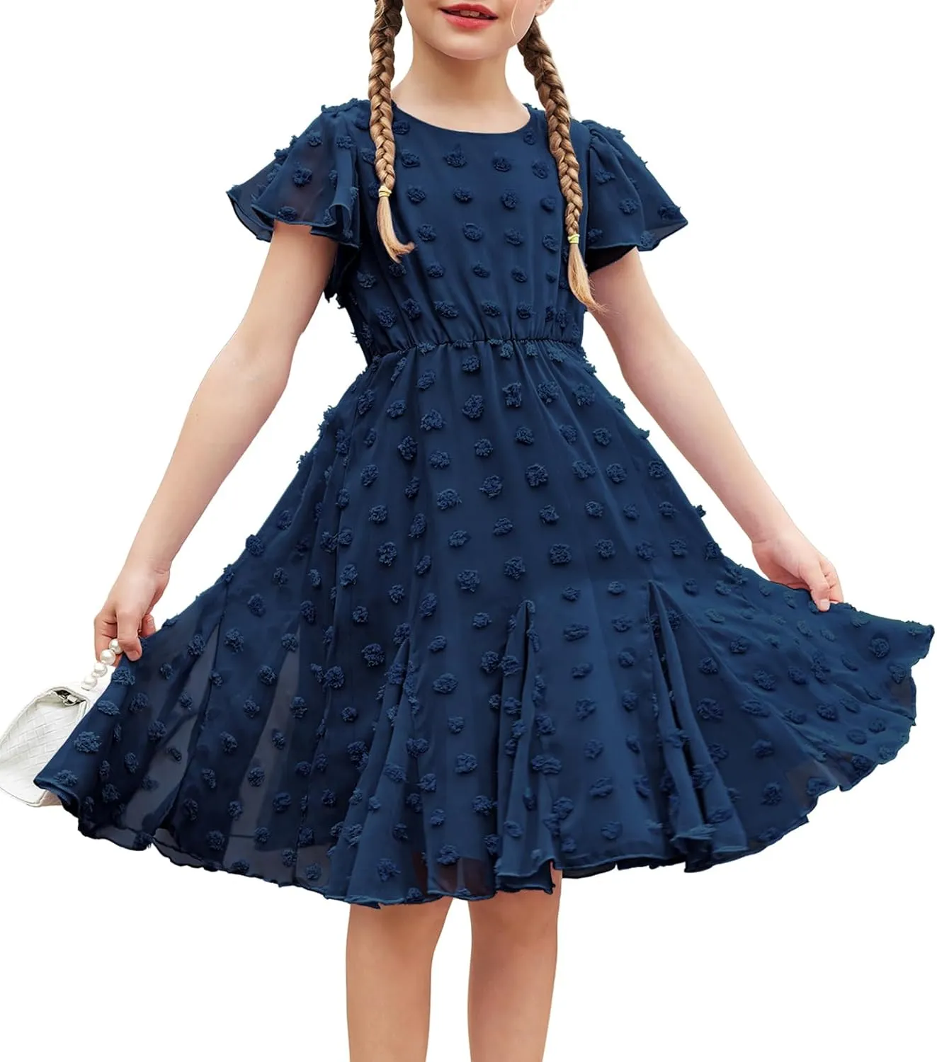 Arshiner Girls Girly Dress Swiss Dot Ruffle Short Sleeve Twirly Cute Dresses for 5-12 Years Old