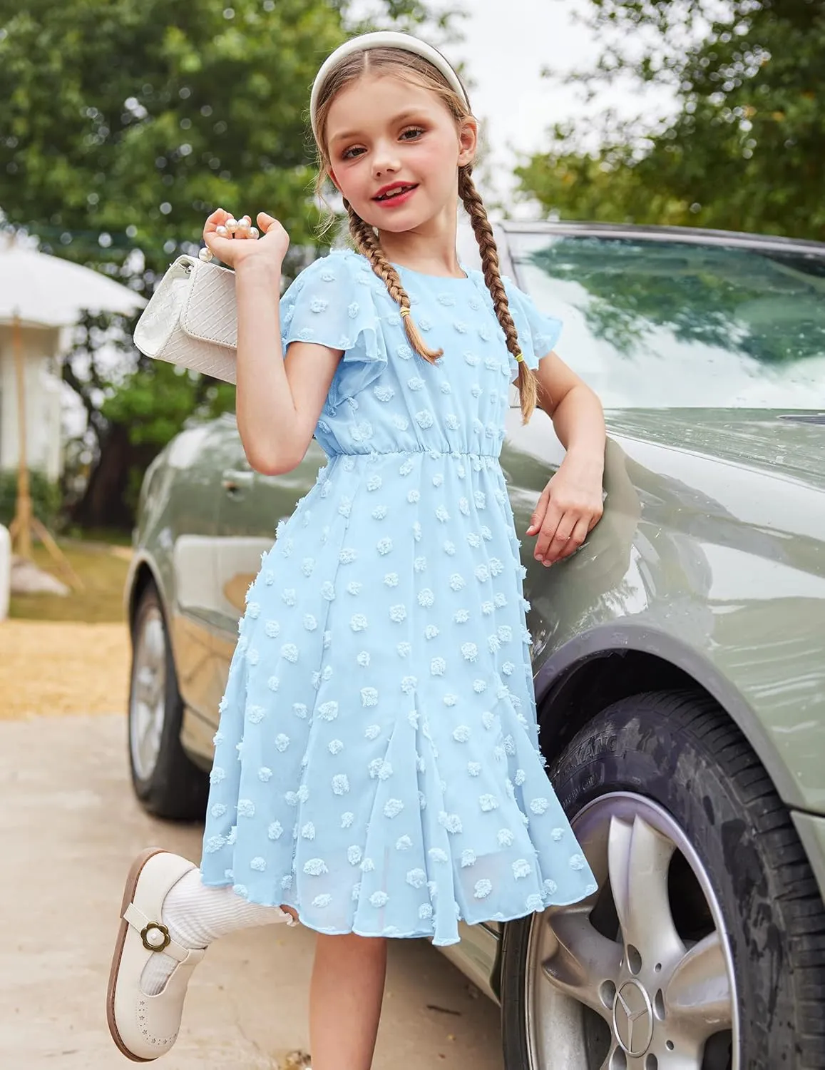 Arshiner Girls Girly Dress Swiss Dot Ruffle Short Sleeve Twirly Cute Dresses for 5-12 Years Old
