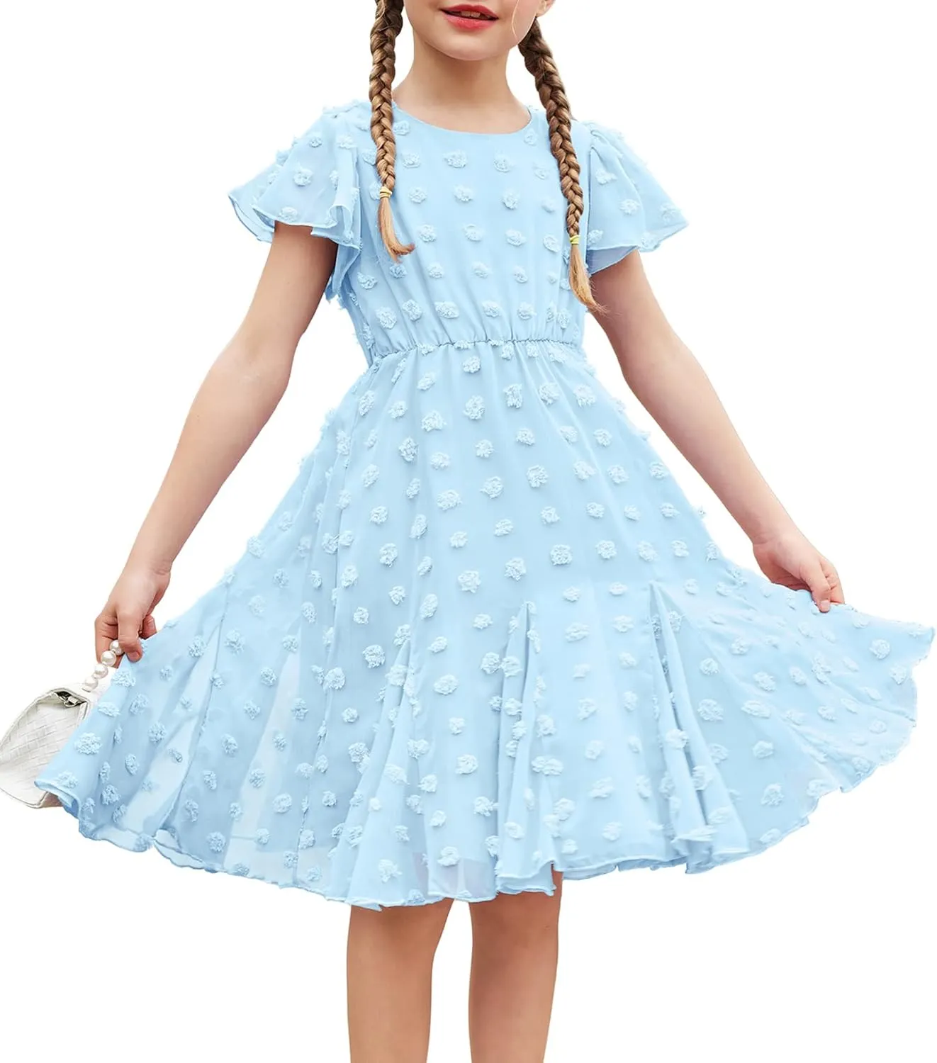 Arshiner Girls Girly Dress Swiss Dot Ruffle Short Sleeve Twirly Cute Dresses for 5-12 Years Old