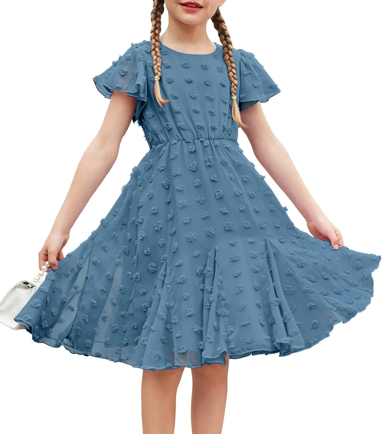 Arshiner Girls Girly Dress Swiss Dot Ruffle Short Sleeve Twirly Cute Dresses for 5-12 Years Old
