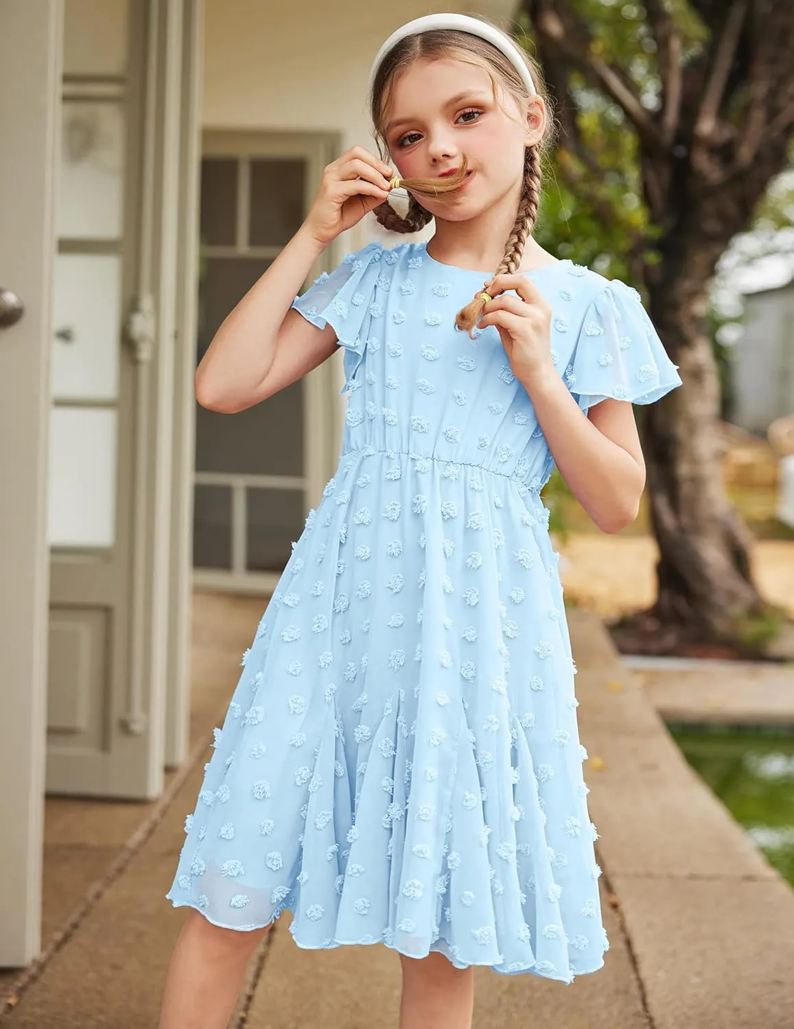 Arshiner Girls Girly Dress Swiss Dot Ruffle Short Sleeve Twirly Cute Dresses for 5-12 Years Old