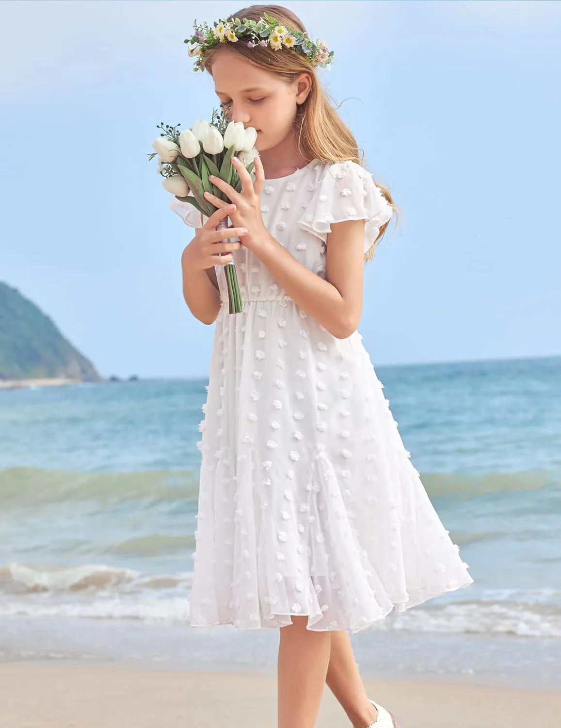 Arshiner Girls Girly Dress Swiss Dot Ruffle Short Sleeve Twirly Cute Dresses for 5-12 Years Old