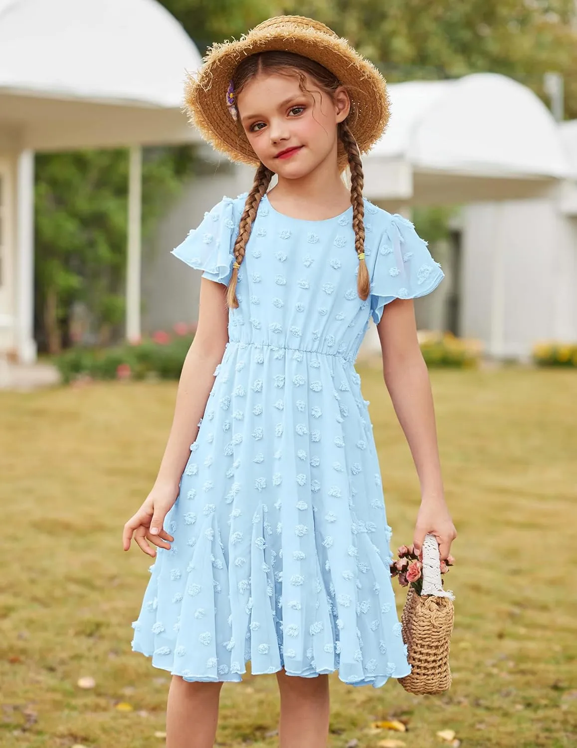 Arshiner Girls Girly Dress Swiss Dot Ruffle Short Sleeve Twirly Cute Dresses for 5-12 Years Old