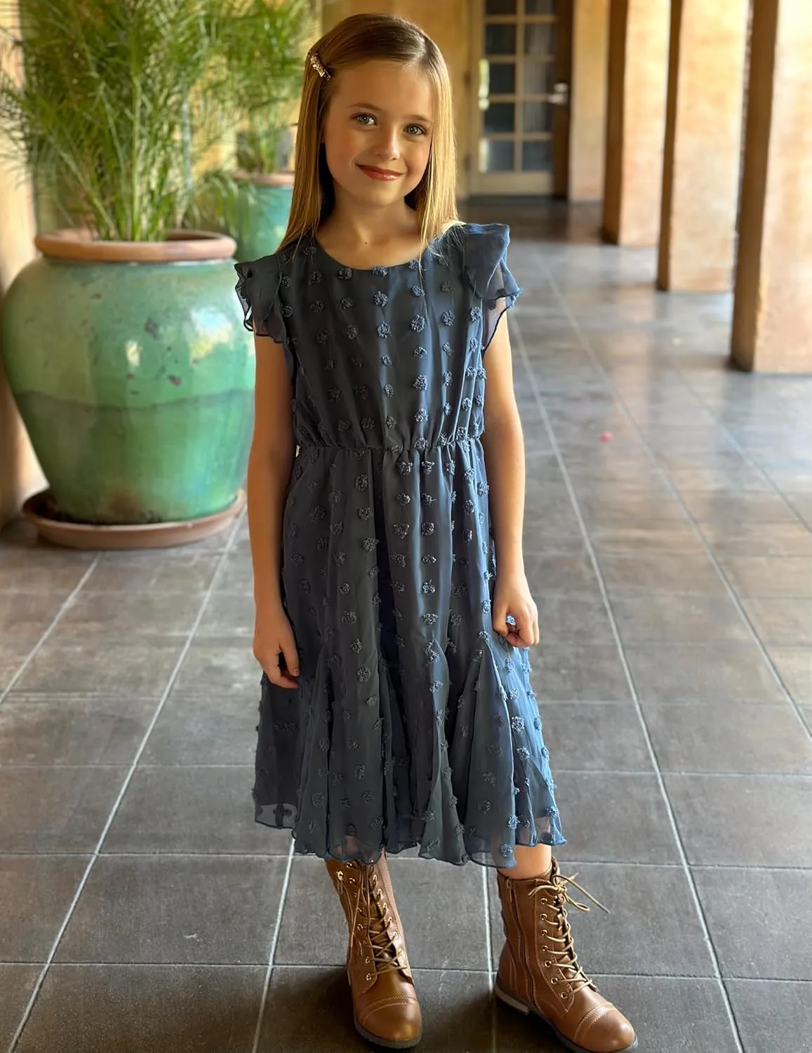 Arshiner Girls Girly Dress Swiss Dot Ruffle Short Sleeve Twirly Cute Dresses for 5-12 Years Old