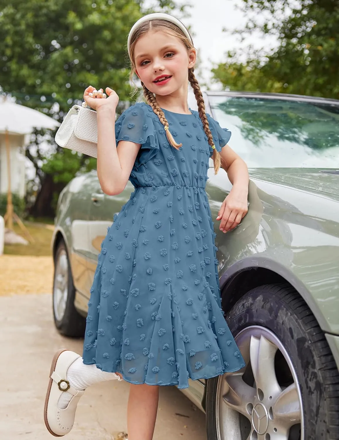 Arshiner Girls Girly Dress Swiss Dot Ruffle Short Sleeve Twirly Cute Dresses for 5-12 Years Old