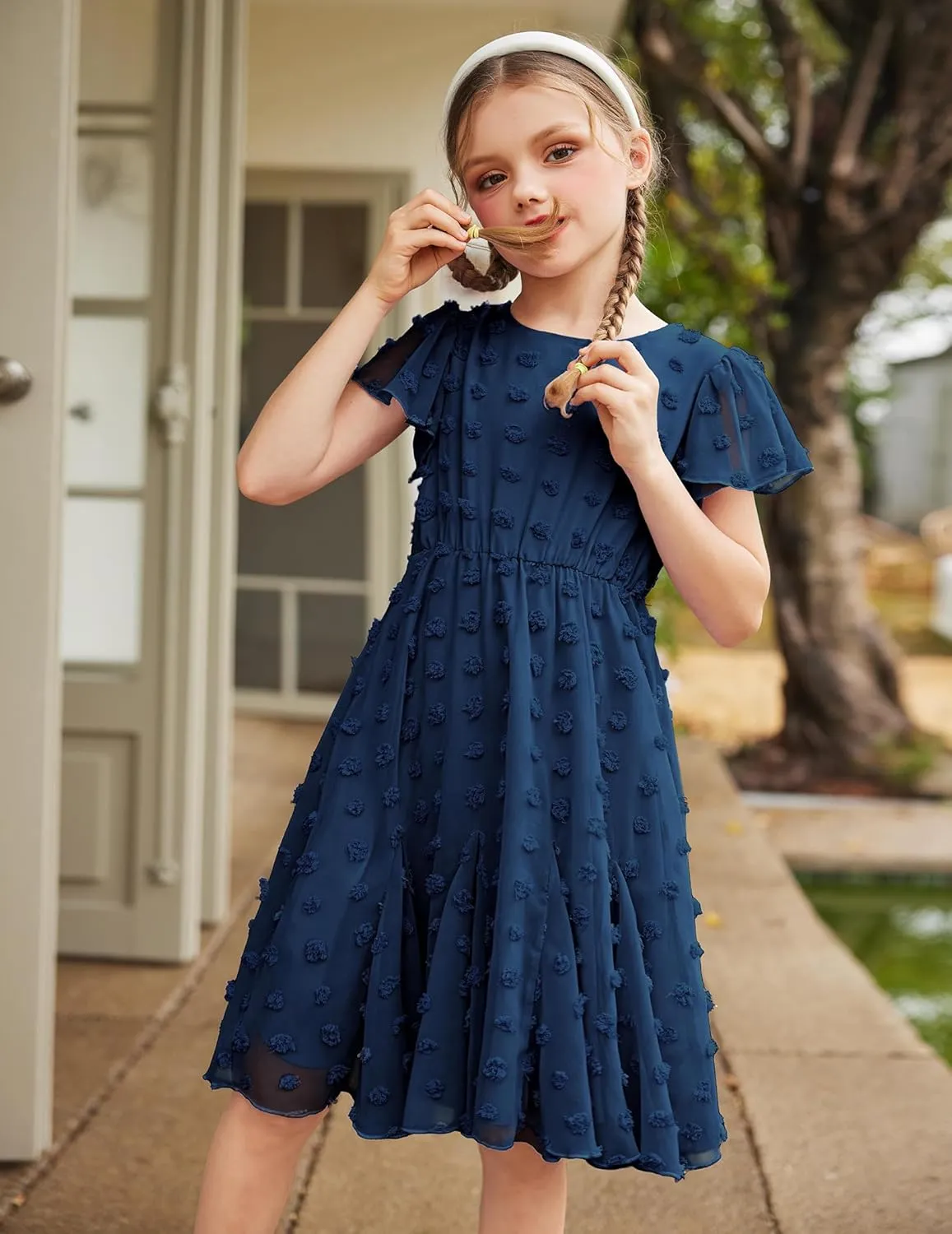 Arshiner Girls Girly Dress Swiss Dot Ruffle Short Sleeve Twirly Cute Dresses for 5-12 Years Old