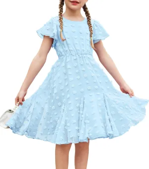 Arshiner Girls Girly Dress Swiss Dot Ruffle Short Sleeve Twirly Cute Dresses for 5-12 Years Old