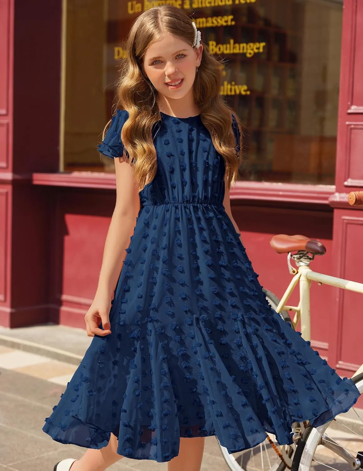 Arshiner Girls Girly Dress Swiss Dot Ruffle Short Sleeve Twirly Cute Dresses for 5-12 Years Old
