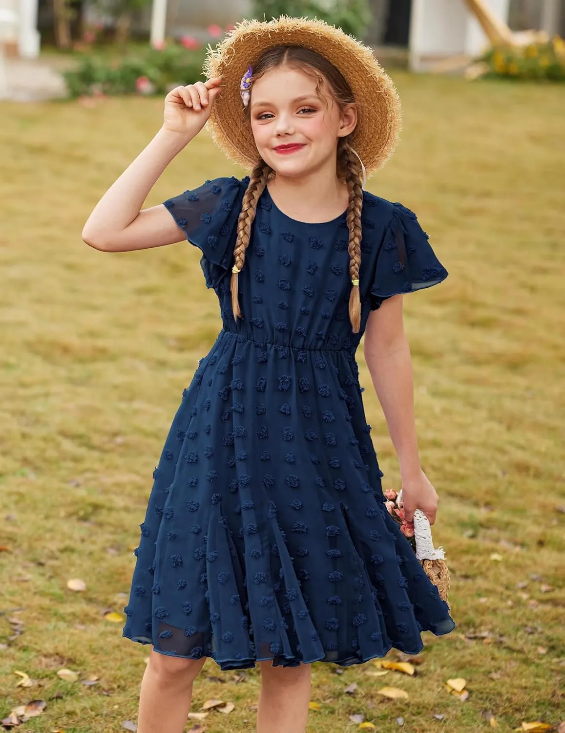 Arshiner Girls Girly Dress Swiss Dot Ruffle Short Sleeve Twirly Cute Dresses for 5-12 Years Old