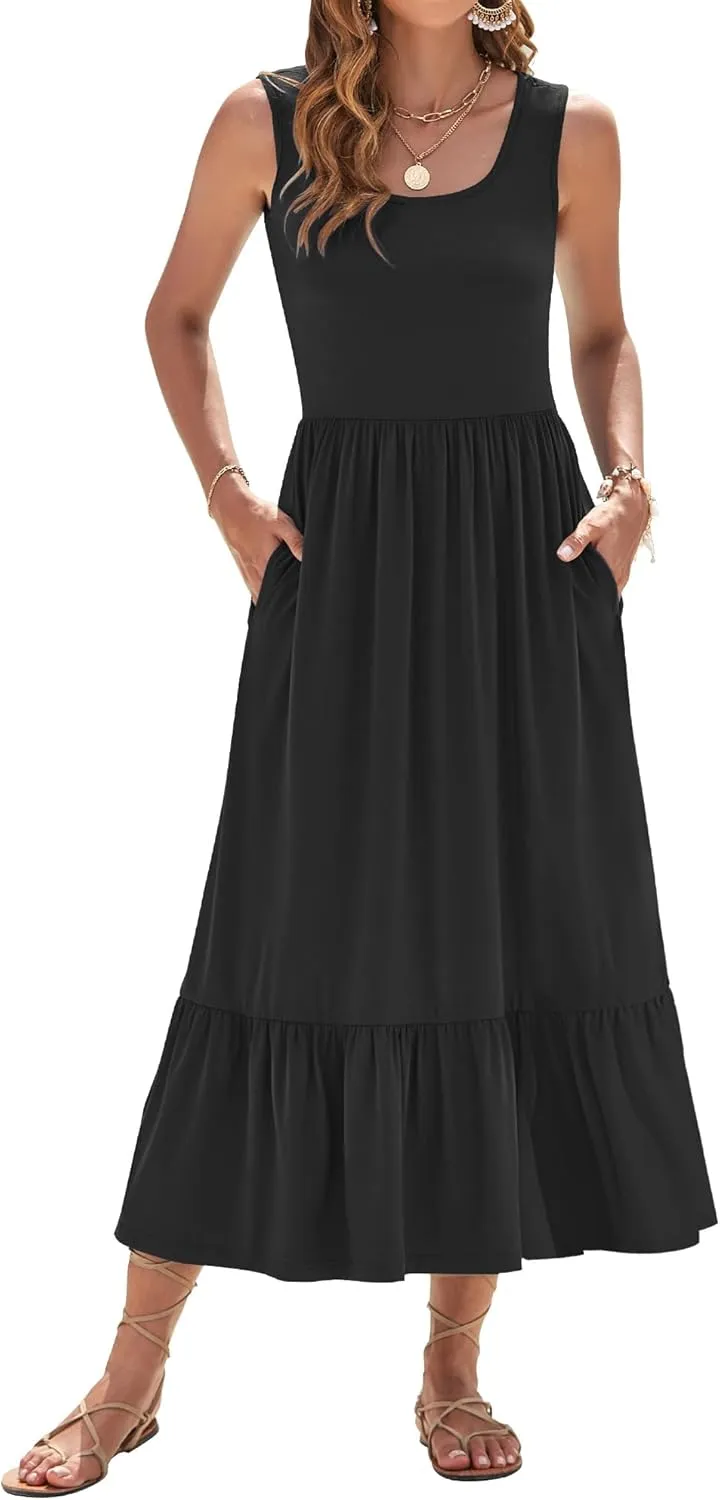 AUSELILY Womens Summer Dresses 2025 Sleeveless Maxi Dress Square Neck Casual Tiered Long Dress with Pockets