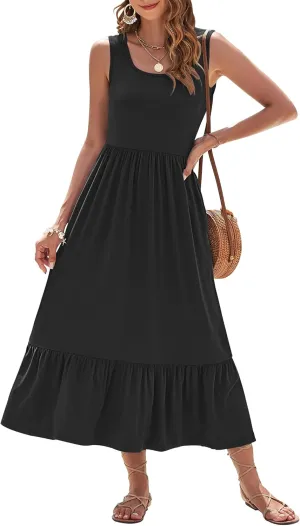 AUSELILY Womens Summer Dresses 2025 Sleeveless Maxi Dress Square Neck Casual Tiered Long Dress with Pockets