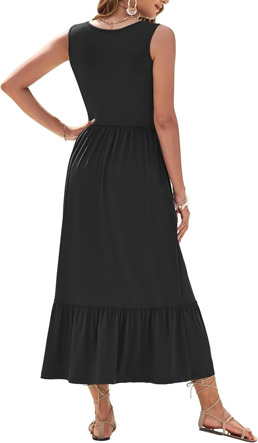 AUSELILY Womens Summer Dresses 2025 Sleeveless Maxi Dress Square Neck Casual Tiered Long Dress with Pockets