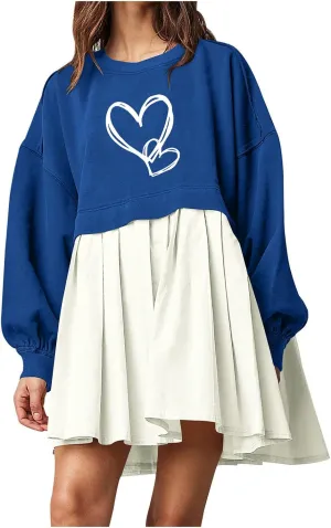 Autumn Dresses for Women 2024 Causal Long Sleeve Patchwork Crewneck Sweatshirt Dress Heart Print Graphic Tee Shirts