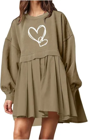 Autumn Dresses for Women 2024 Causal Long Sleeve Patchwork Crewneck Sweatshirt Dress Heart Print Graphic Tee Shirts