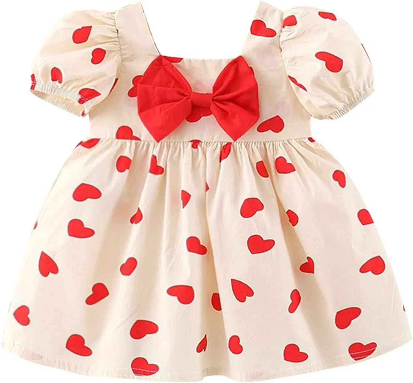 Baby Girls Short Sleeve Dress Summer Dresses Heart Print Bow Ruffle Princess Mini Dresses Kids Casual Party Beach Dress
