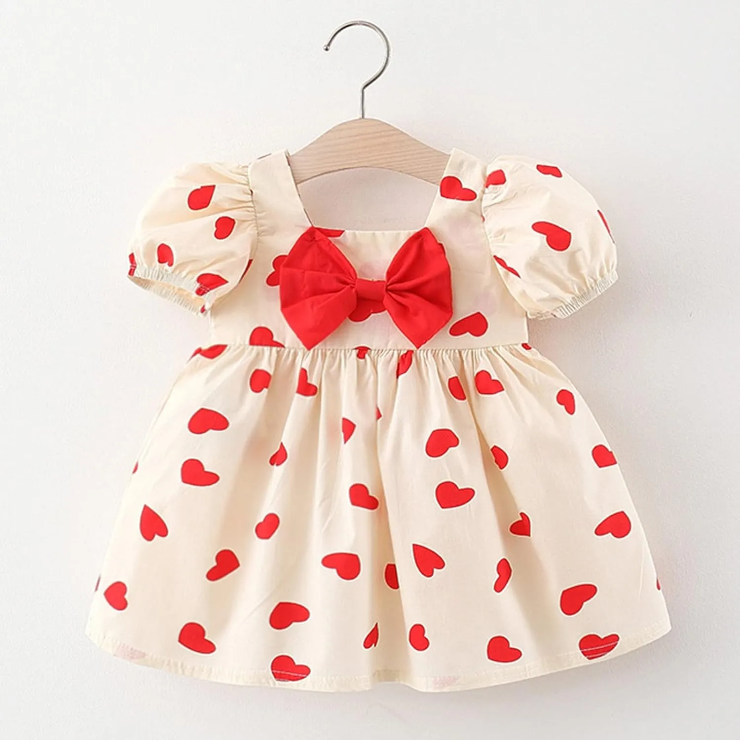Baby Girls Short Sleeve Dress Summer Dresses Heart Print Bow Ruffle Princess Mini Dresses Kids Casual Party Beach Dress