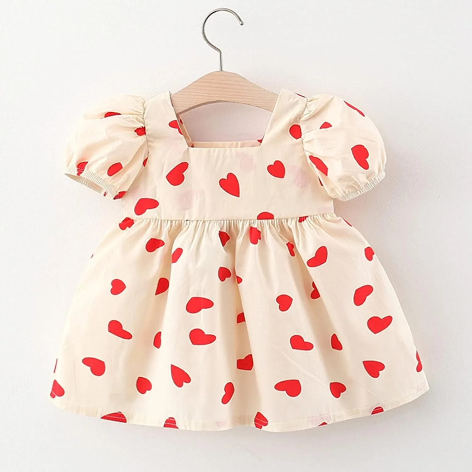 Baby Girls Short Sleeve Dress Summer Dresses Heart Print Bow Ruffle Princess Mini Dresses Kids Casual Party Beach Dress